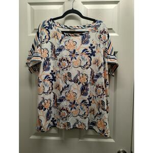 Chico's Size XL (3) Peach Blue Floral Striped Bateau Boat Neck Slub Cotton Tee